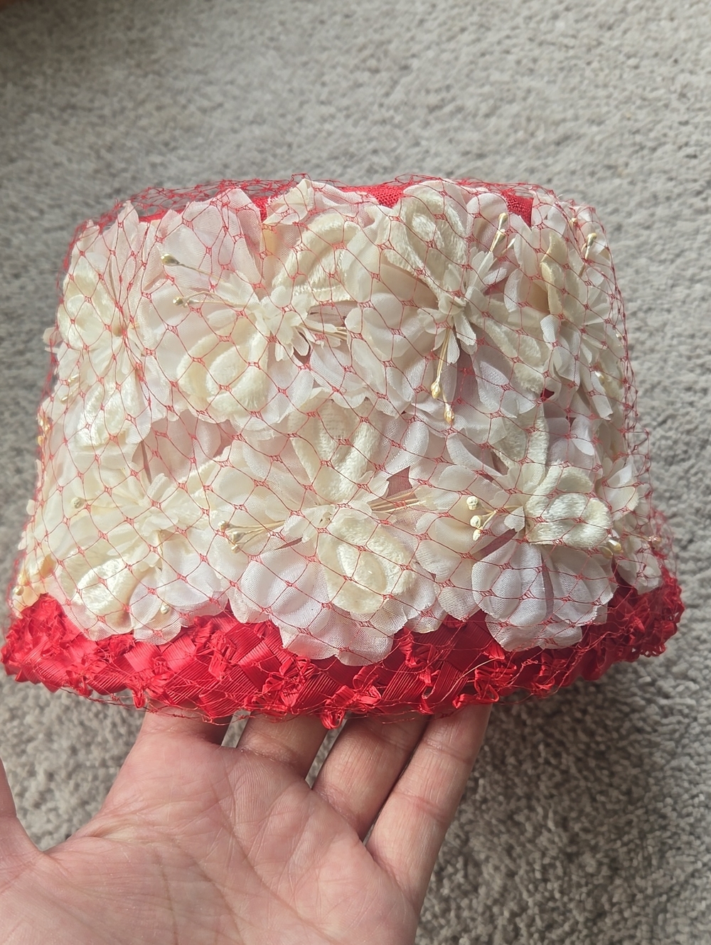Vintage 1950's-60's Hat Box Red and Ivory Floral Veiled Woven Hat